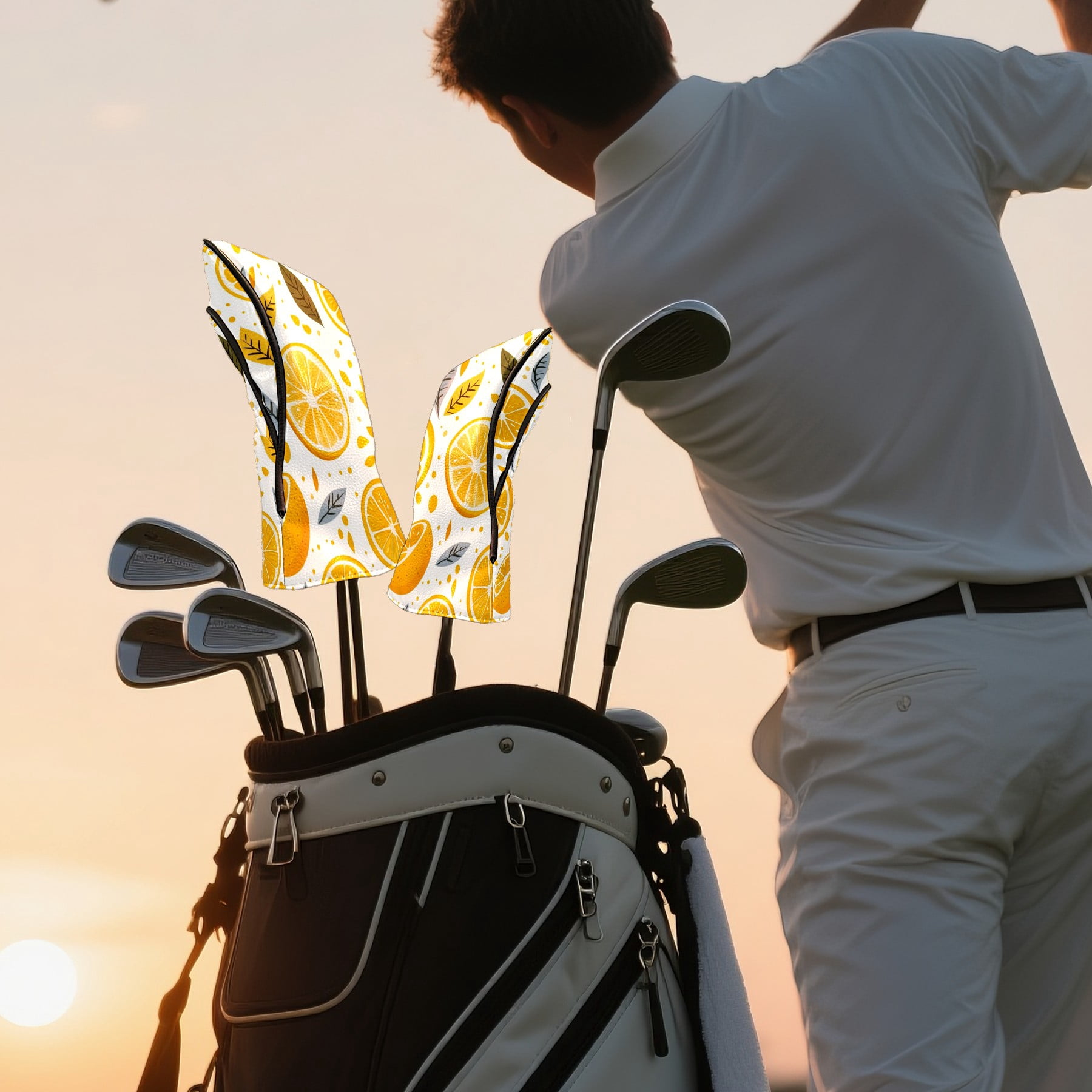 Golf Club Covers PU Leather Waterproof Head Covers for Fairway Woods Hybrids Orange Pattern Unisex Fits Most Brands