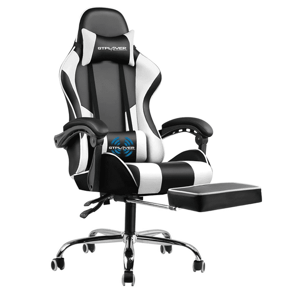 Gtplayer Gaming Chair with Footrest and Ergonomic Lumbar Massage Pillow, White