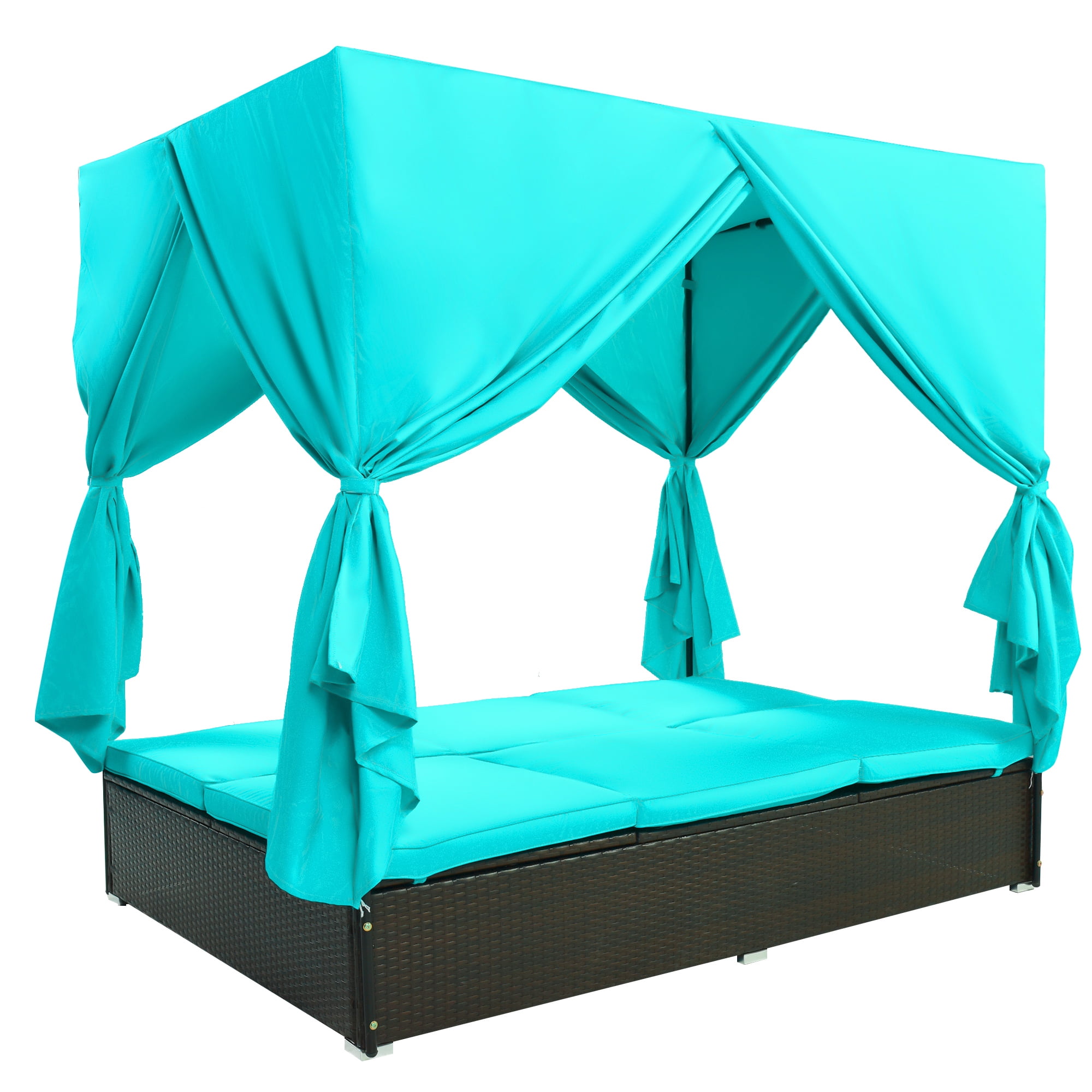 Jopath Outdoor Double Chaise Lounge Daybed with Curtains,Patio Outdoor Sunbed with Adjustable Backrest, Sturdy Steel Frame Loveseat Sofa for Backyard Poolside Terrace Blue