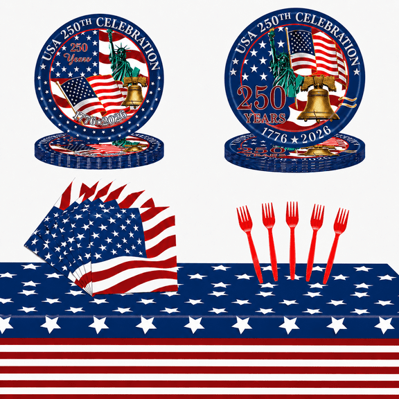 Patriotic Party Supplies American Flag Party Tableware Serve 24, Plates Napkins Forks for Memorial Day Independence Day