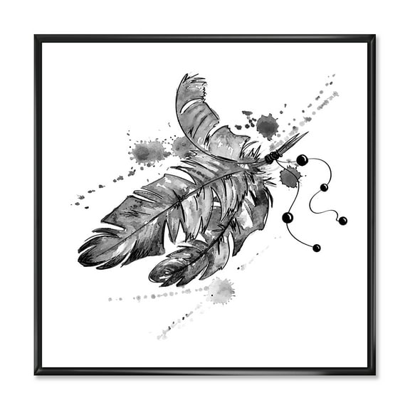 Designart 'Black and White Feathers Impression' Traditional Framed Canvas Wall Art Print