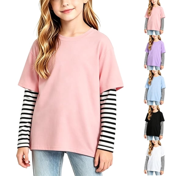 T Shirts for Girls Casual Solid Color Crewneck Faux Layered Long Sleeve Striped Tops 2 in 1 Loose Fit Fashion Wear