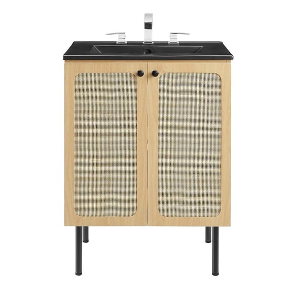 Modway Chaucer 24" Wood & Rattan Bathroom Vanity in Oak/Black