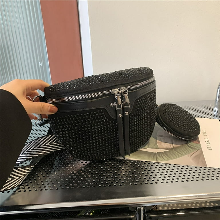 CHAMAIR Fashion Rhinestone Waist Belt Bag Women Chest Crossbody Fanny Pack Black