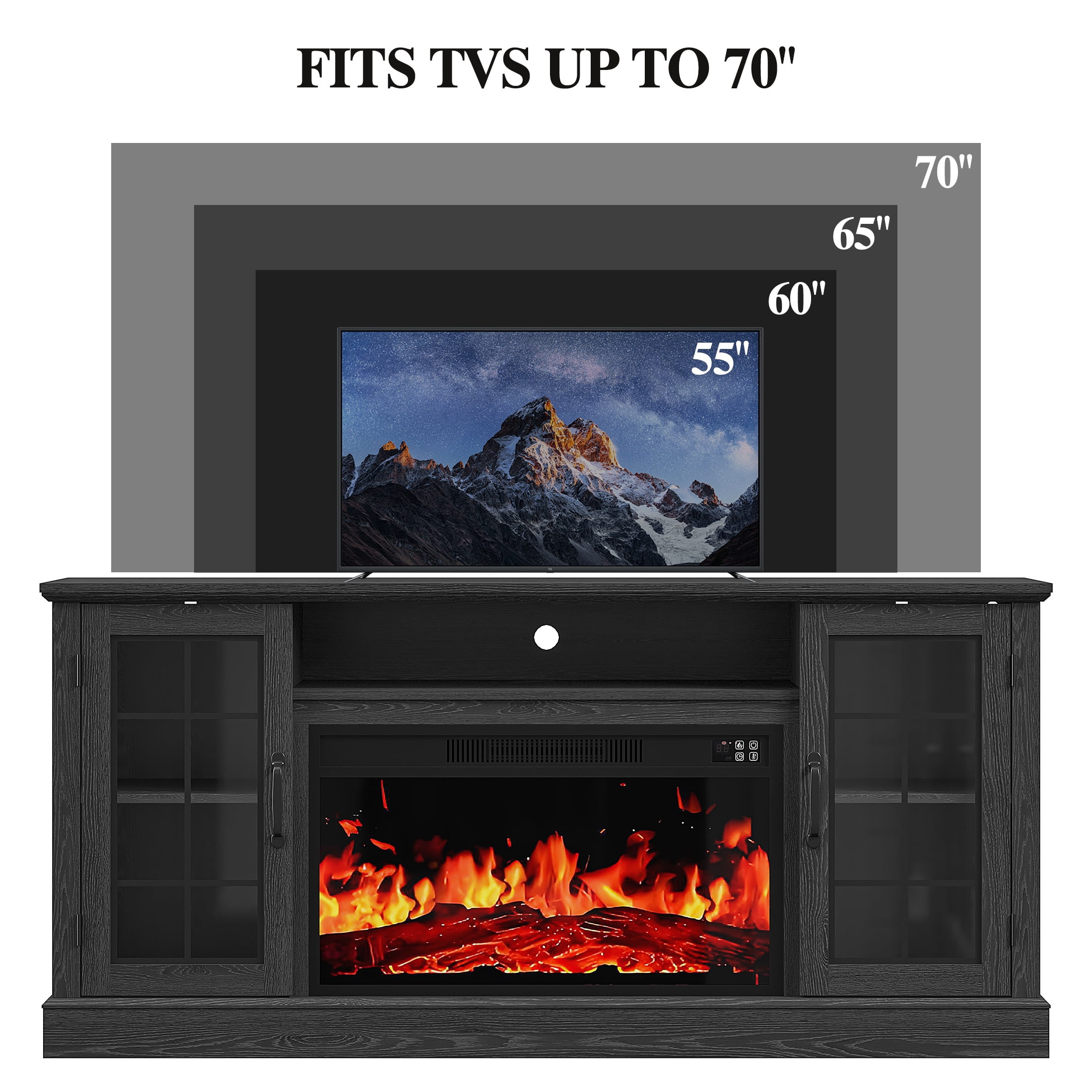 SYNGAR 63" Fireplace TV Stand for TVs up to 70" with 32" Electric Fireplace, Console Entertainment Center Television Table with LED for Living Room or Bedroom, Black