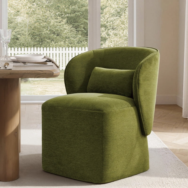 Spruce & Spring Rolling Dining Chairs, Spill-Proof & Stain Resistant Barrel Armchair with Casters, Modern Upholstered Seat and Removable Back Support Pillow for Kitchen Living Room, Green