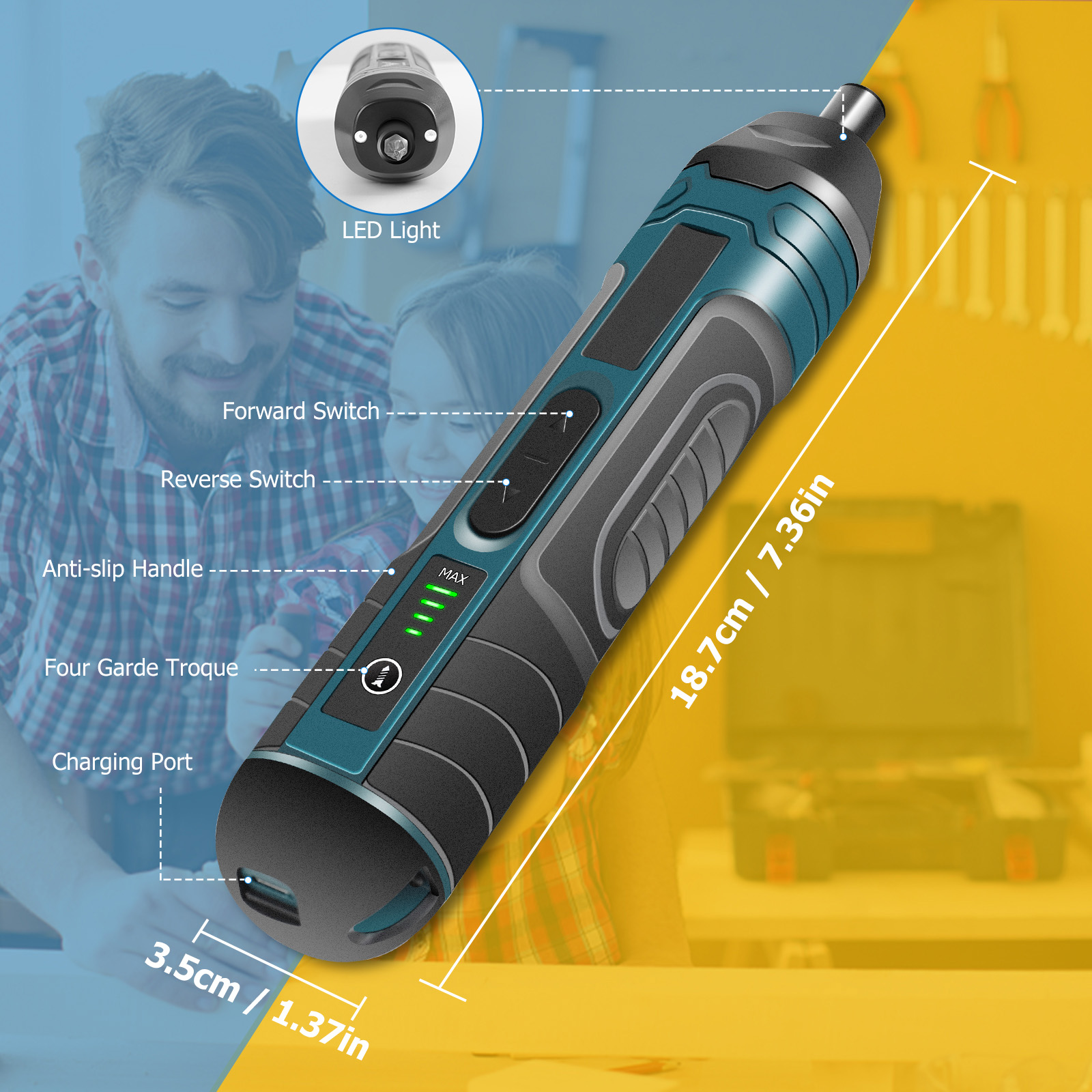 JENABOM 21 in 1 Electric Cordless Screwdriver, 3.6V Rechargeable Power Screwdriver, 5N.m Max Torque, 4-Gear Torque, LED Light, for DIY Repair