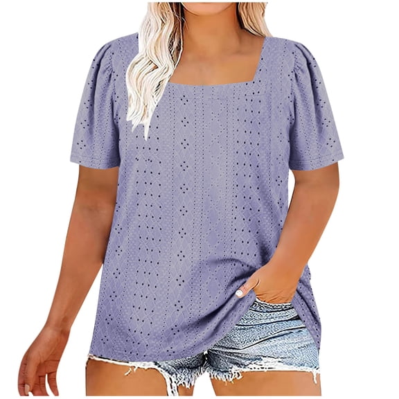 Lenpel Plus Size Tops for Women Trendy Puff Short Sleeve Square Neck Eyelet Embroidered T Shirts Casual Loose Blouses