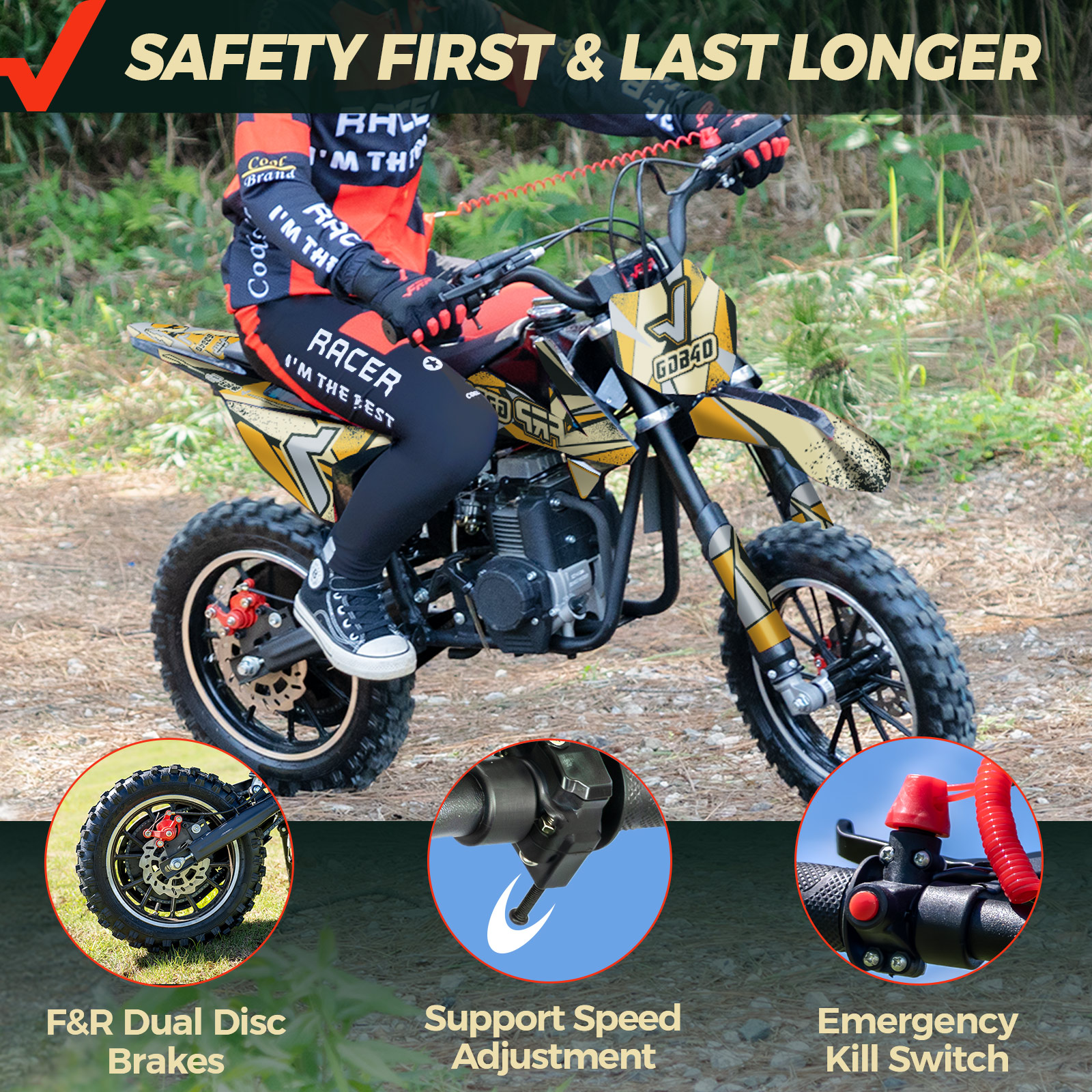 FRP OGM40 Kids Dirt Bike, 40CC 4-Stroke Dirt Bike for Kids, Gas Powered Off-Road Mini Bike with Front & Rear Disc Brake, Up to 20 Mph, Weight Support Up to 132 LBSï¼Yellowï¼