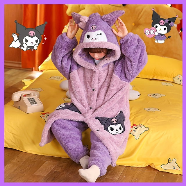Pijamas gruesos de vellón coral para niñas de Sanrioed Kuromi Cinnamoroll, bata térmica de dibujos animados para niños, ropa de hogar para otoño e invierno