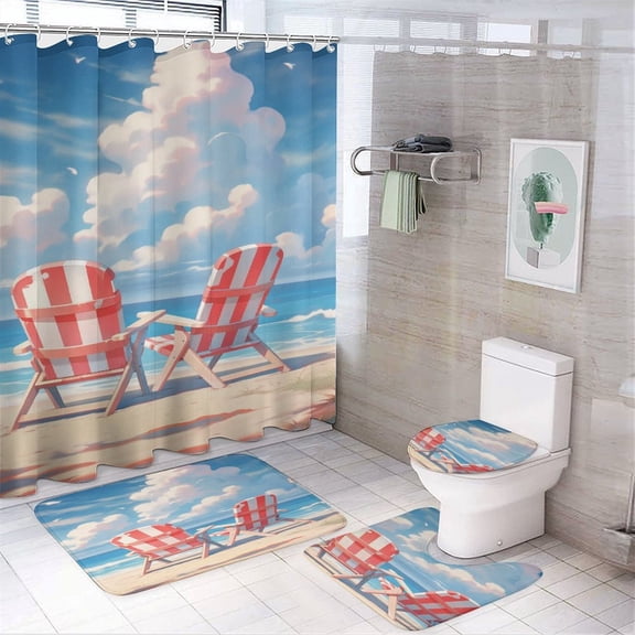 Beach Chairs-3 Shower Curtain 4 Piece Set with Rugs Include Waterproof Shower Curtain Non-Slip Rug Toilet Lid Cover Bath Mat Beaches Sunny Day Waterproof Fabric Bath Curtain for Bathroom Decor