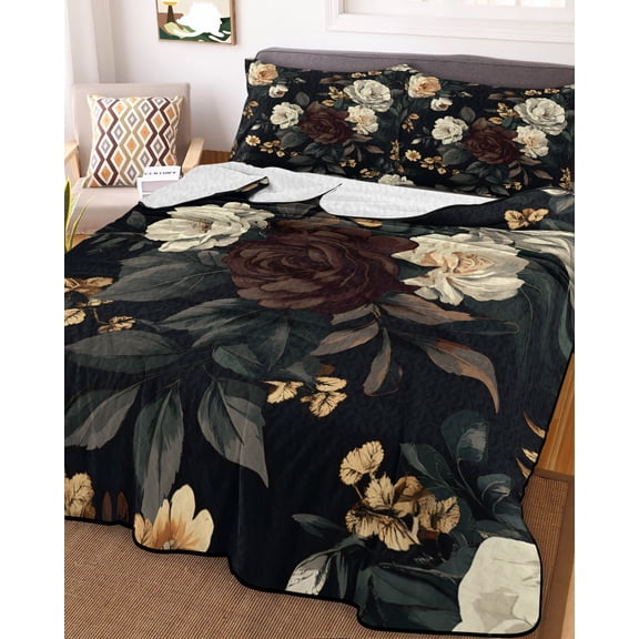 Vintage Black Floral Full Size Down Alternative Comforter, Lightweight Comforter Quilt Bedding Set with Pillow Shams Spring Seasonal Botanical Blooms All Seasons Bed Comforter Duvet Insert 78"x90"