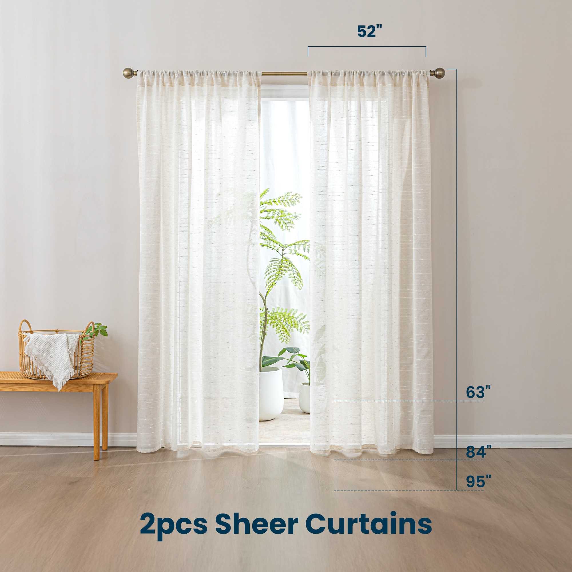 Sleep Zone Striped Jacquard Linen Sheer Curtains, Semi-Sheer Window Curtain Panels Living Room, Semitransparent Soft Privacy Drapes 2 Panels, 52" x 84" Beige