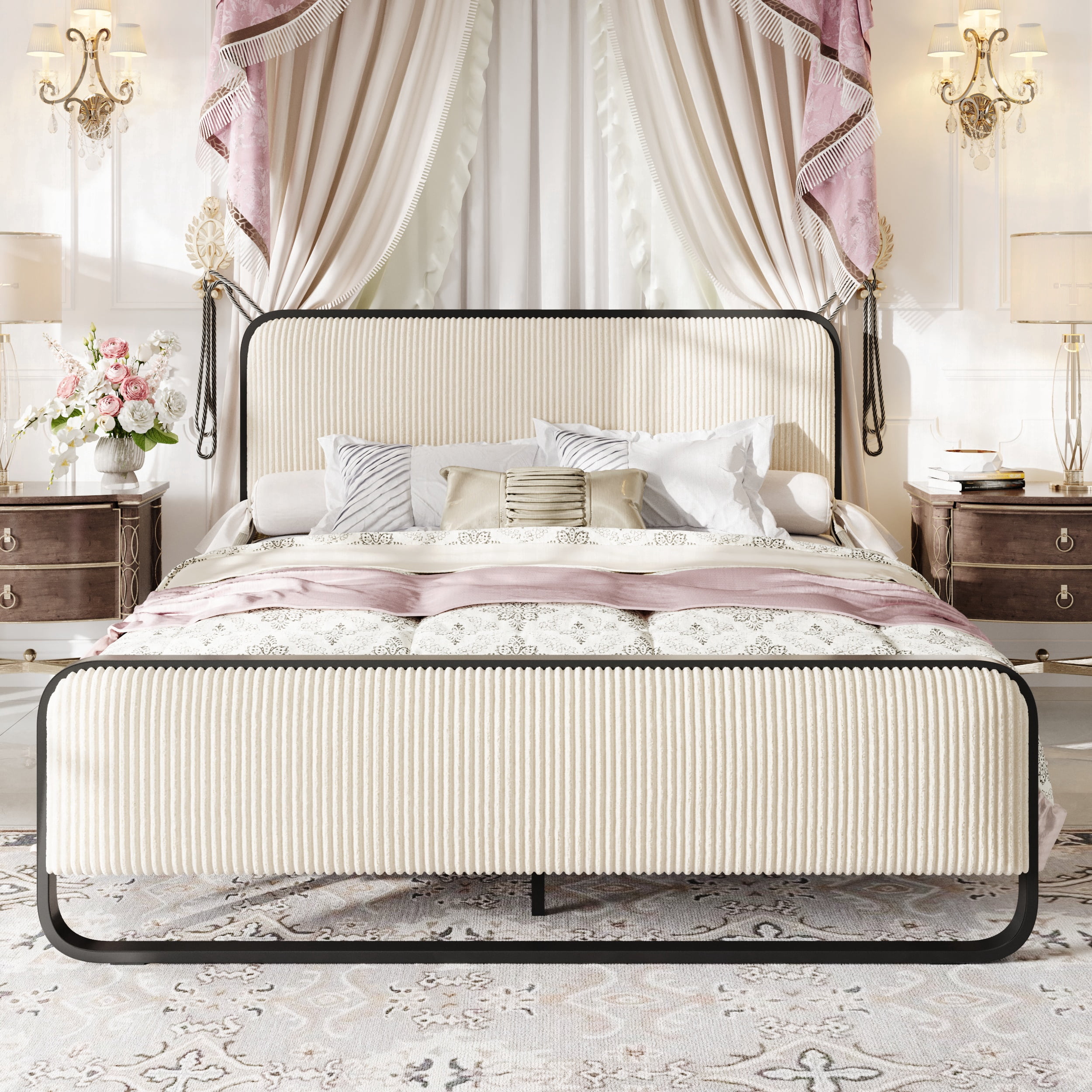 Einfach Queen Bed Frame, Upholstered Platform Bed with Velvet Curved Headboard and Footboard, No Box Spring Needed, 1000 LBS Capacity, Cream White