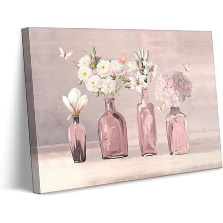 Pink Vase Bathroom Canvas Wall Art Rustic Floral Butterfly Pictures Vintage Lily Bouquet Prints Framed Wall Decor for Bedroom Teen Girl Room Apartment Living Room Home Decoration Ready to Hang
