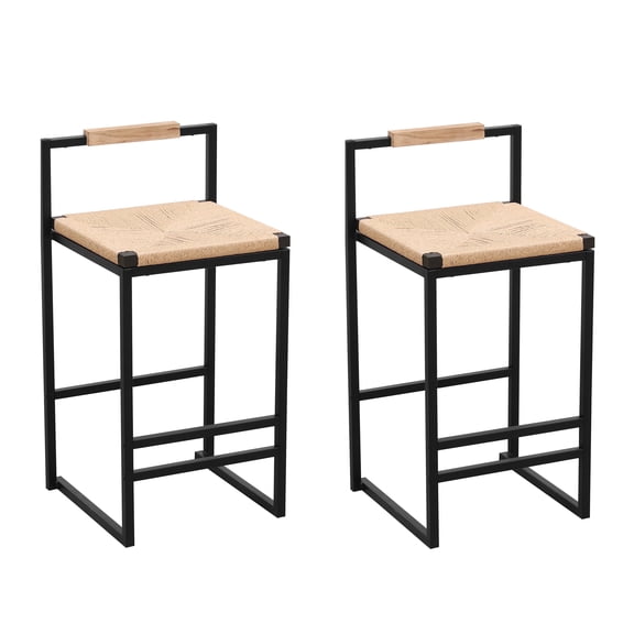 YIQMI Set of 2 Handwoven Paper Rope Bar Stools with Back, Counter Height Dining Chairs, Black Metal Frame for Kitchen, Home Bar