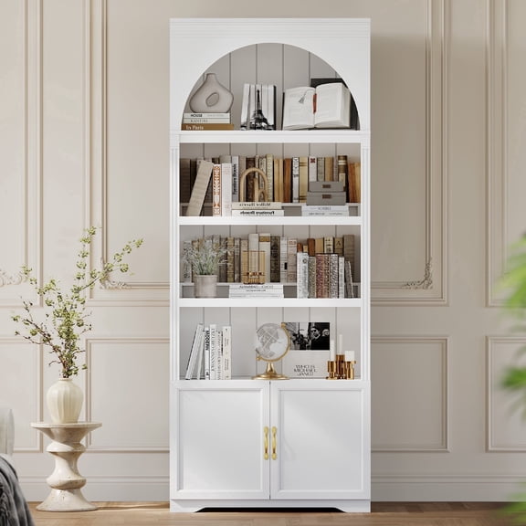 81.2" Tall Arched Bookcase, Modern Bookshelf with Open Adjustable Shelves & Storage Cabinets, 6-Tier Wooden Storage Cabinet for Living Room,Kitchen,Home Office,White, Weiplehoom