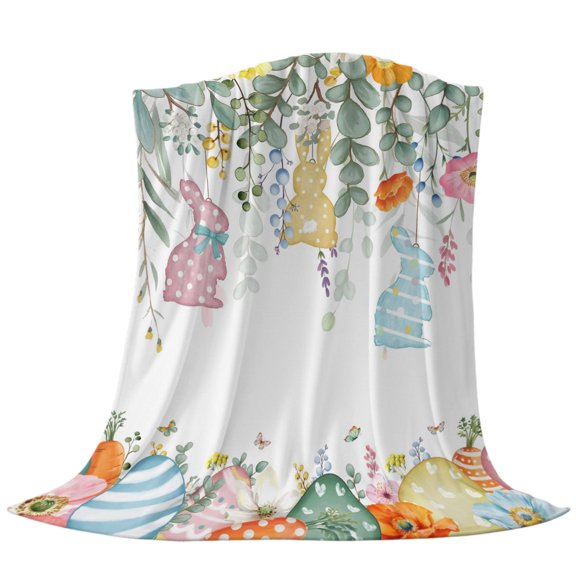 Easter Throw Flannel Blanket Spring Floral Leaf Rabbits Silhouette Colored Eggs Super Soft Cozy Bed Blanket, Lightweight Plush Fuzzy Bed Throw for Bedroom Sofa Couch Living Room 30x40in
