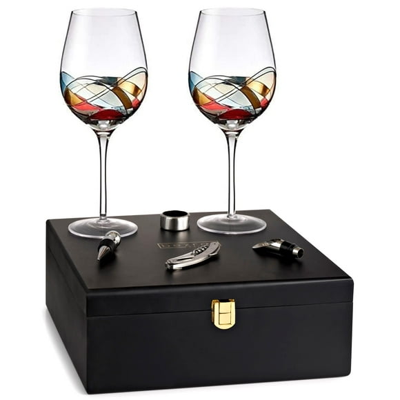 Bezrat Wine Gifts for Women - 2 Wine Glasses & accessories Set - Hand Painted Wine Glass, 11" H, 28oz Wine Lover Birthday Gift Box Large Glass, Valentines Glassware for Mom Wife S