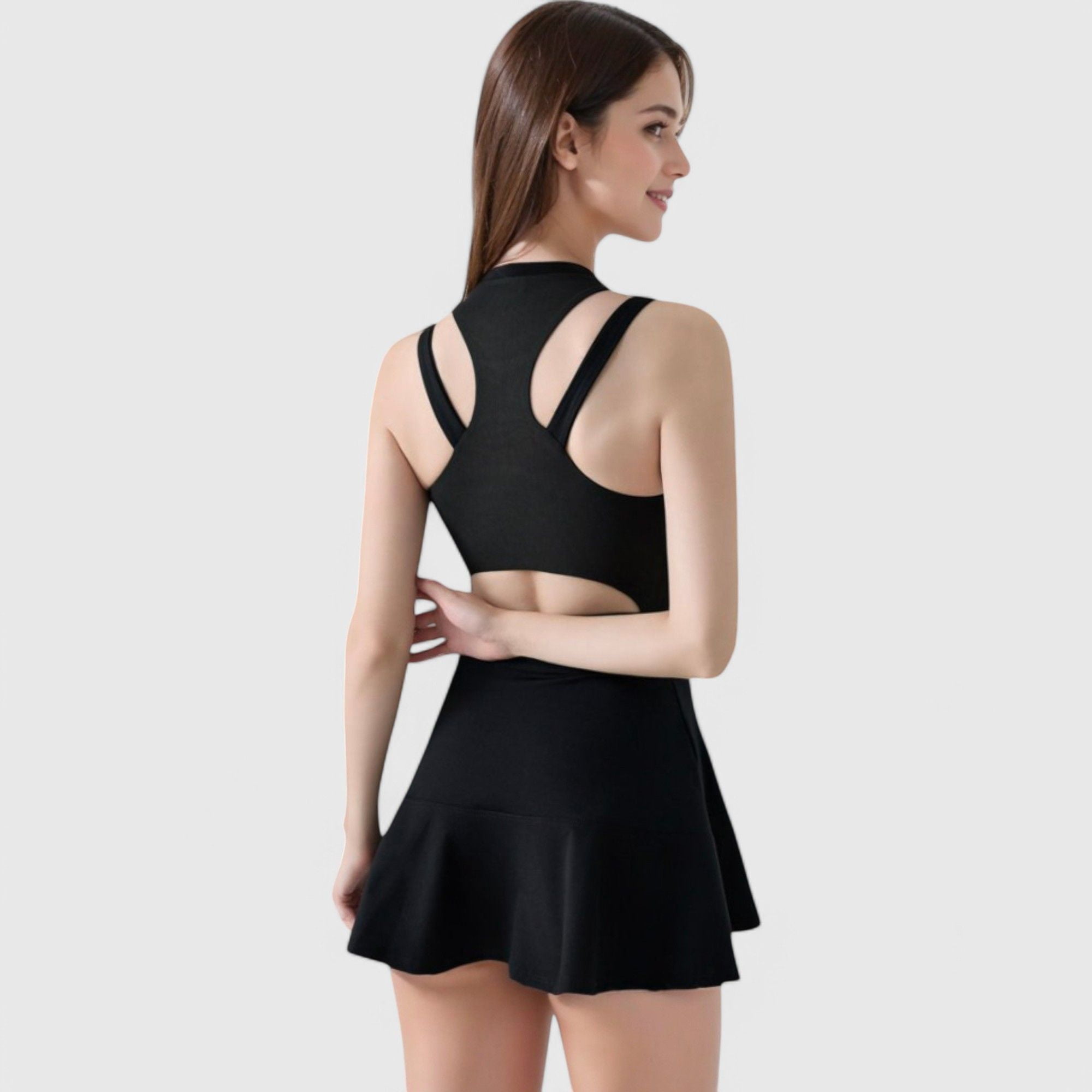 Women's Racerback Flowy Athletic Dress with Built-In Shorts - X Large, Black