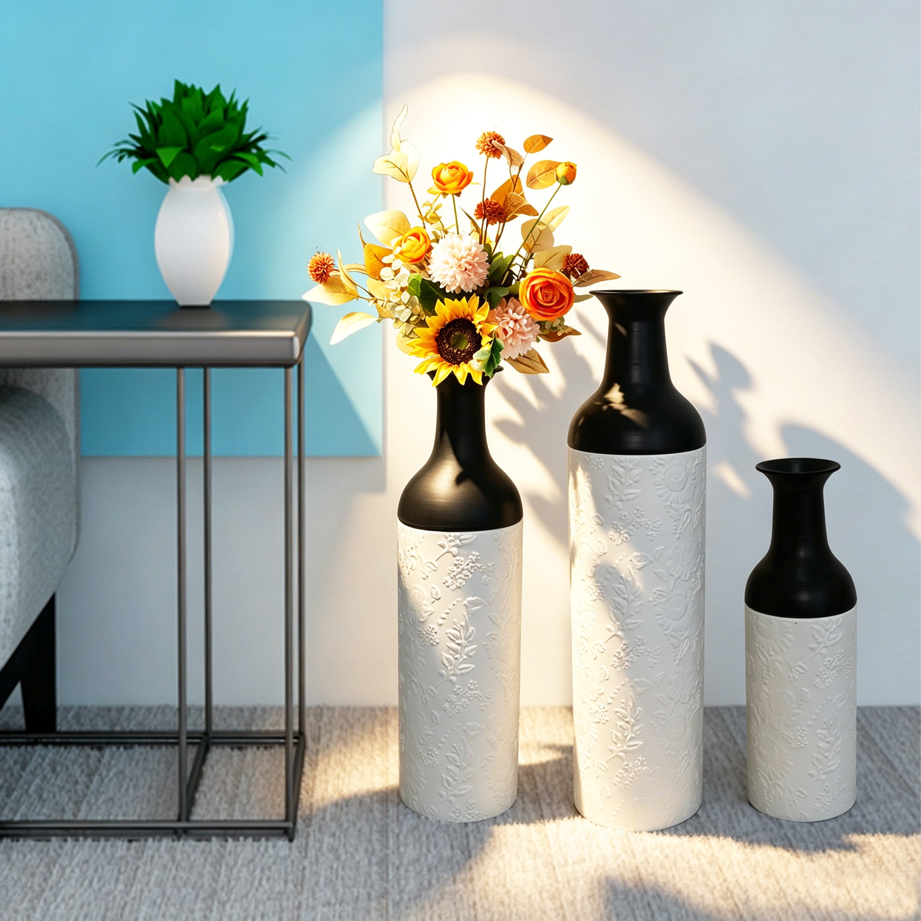 Metal Floor Vases Set of 3 with Leaf Pattern, Tall Decorative Vases and Home Decor Accents for Living Room Entryway, White and Black