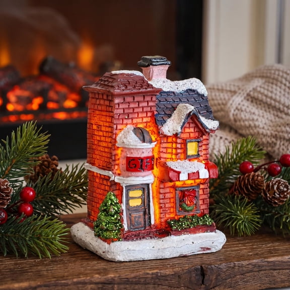 Christmas Village Decor, Resin Gabled Cottage Tabletop House with Soft Light for Entryway Table Shelf and Living Room, 2.95 x 2.17 x 1.77 in