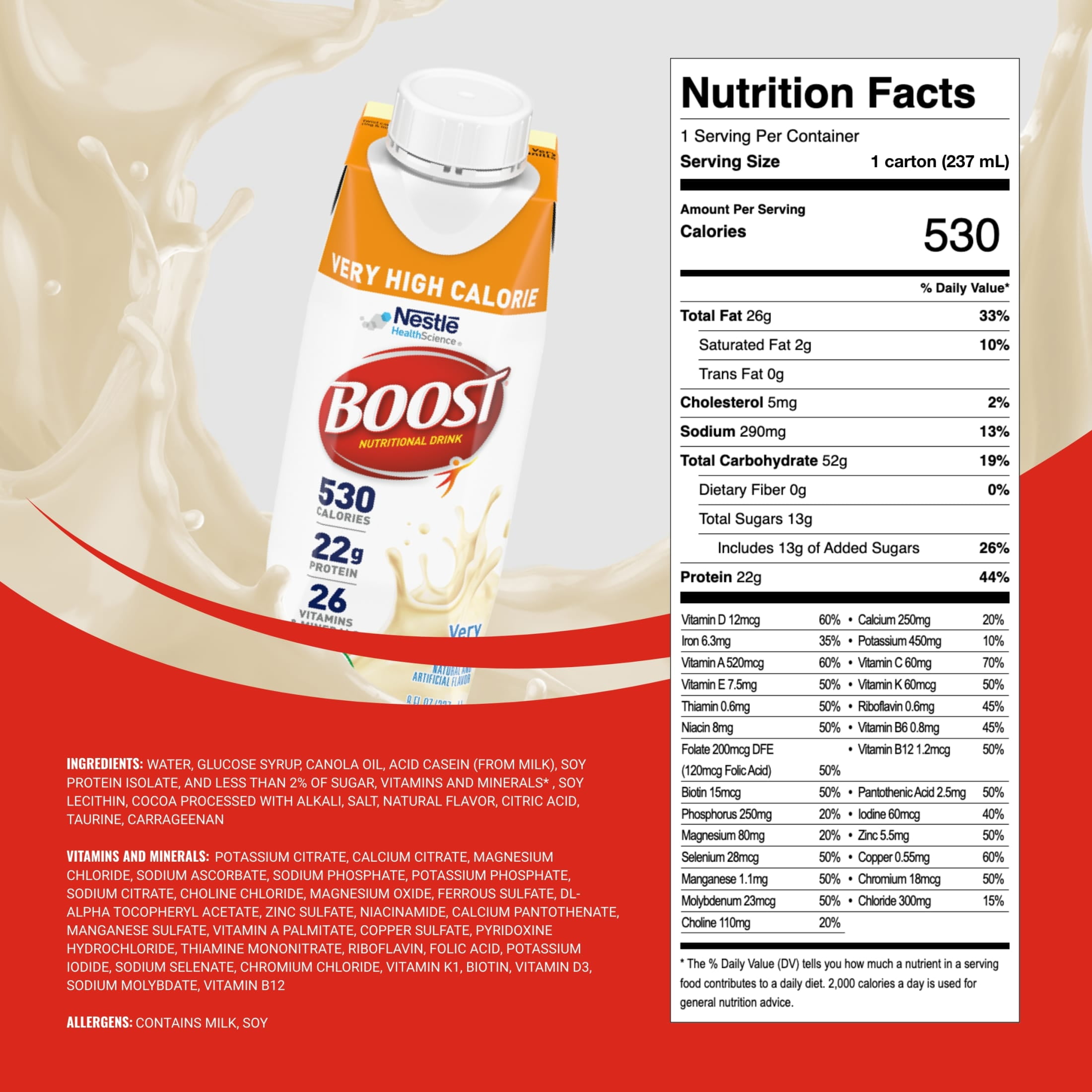 BOOST Very High Calorie Nutritional Drink - Helps Weight Gain & Maintenance - Very Vanilla - 8 fl oz (1 Carton)