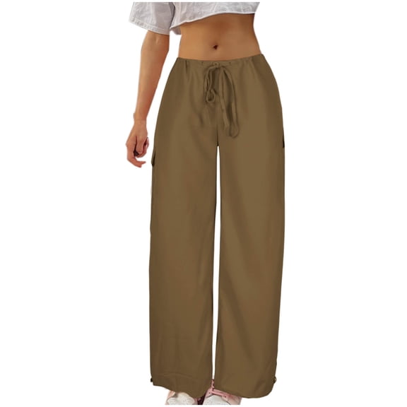 UYISJ Womens Summer Cargo Pants Mid Waist Drawstring Wide Leg Loose Fit Solid Color Baggy Trousers with Pockets Causual Y2K Streetwear