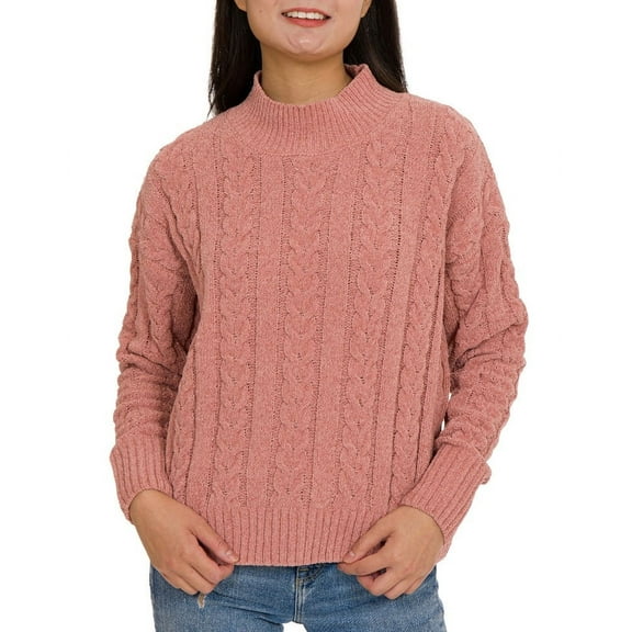 Hippie Rose Juniors' Cable-Knit Mock-Neck Chenille Sweater
