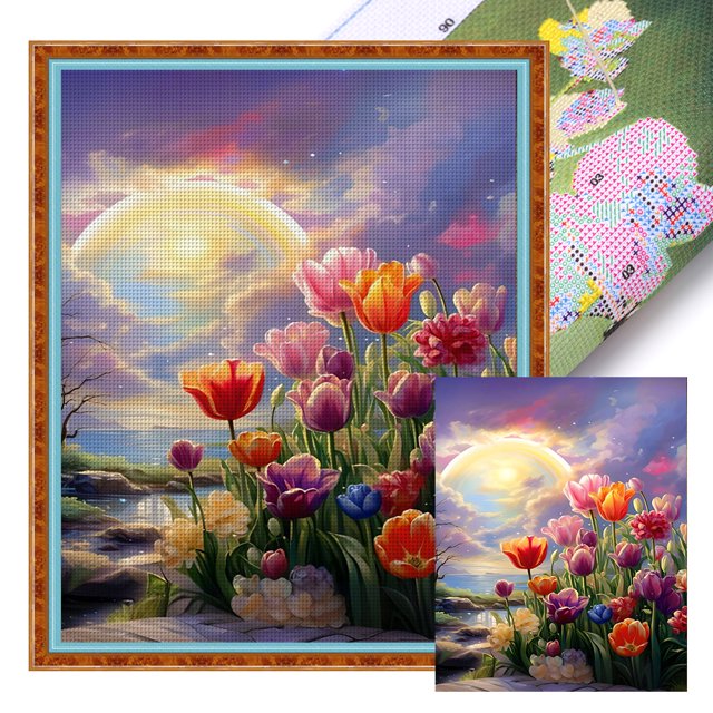 Kit de punto de cruz Wdftyju con estampado de tulipanes al atardecer bordado completo de algodón ecológico 14CT 40x50cm