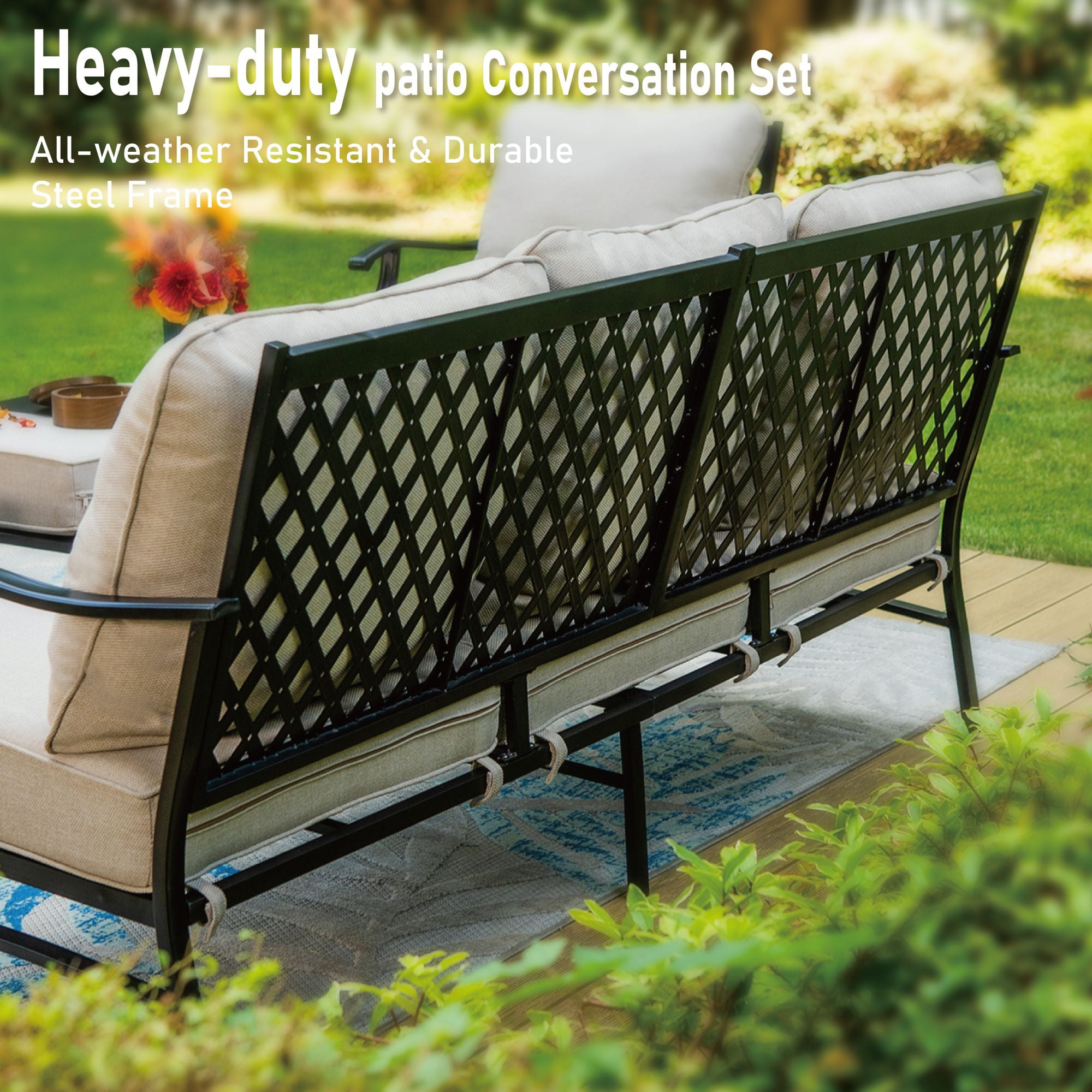 MF Studio 7-Seater Patio Conversation Set Metal Outdoor Furniture Set with Swivel Chairs and Ottomans - Beige