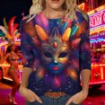 thumbnail image 7 of Ounisa 2025 Womens 3/4 Sleeve Tops Mardi Gras Outfit for Women Fashion Round Neck Clothes Mardi Gras Mask Printed Color Block Blouse, 7 of 7