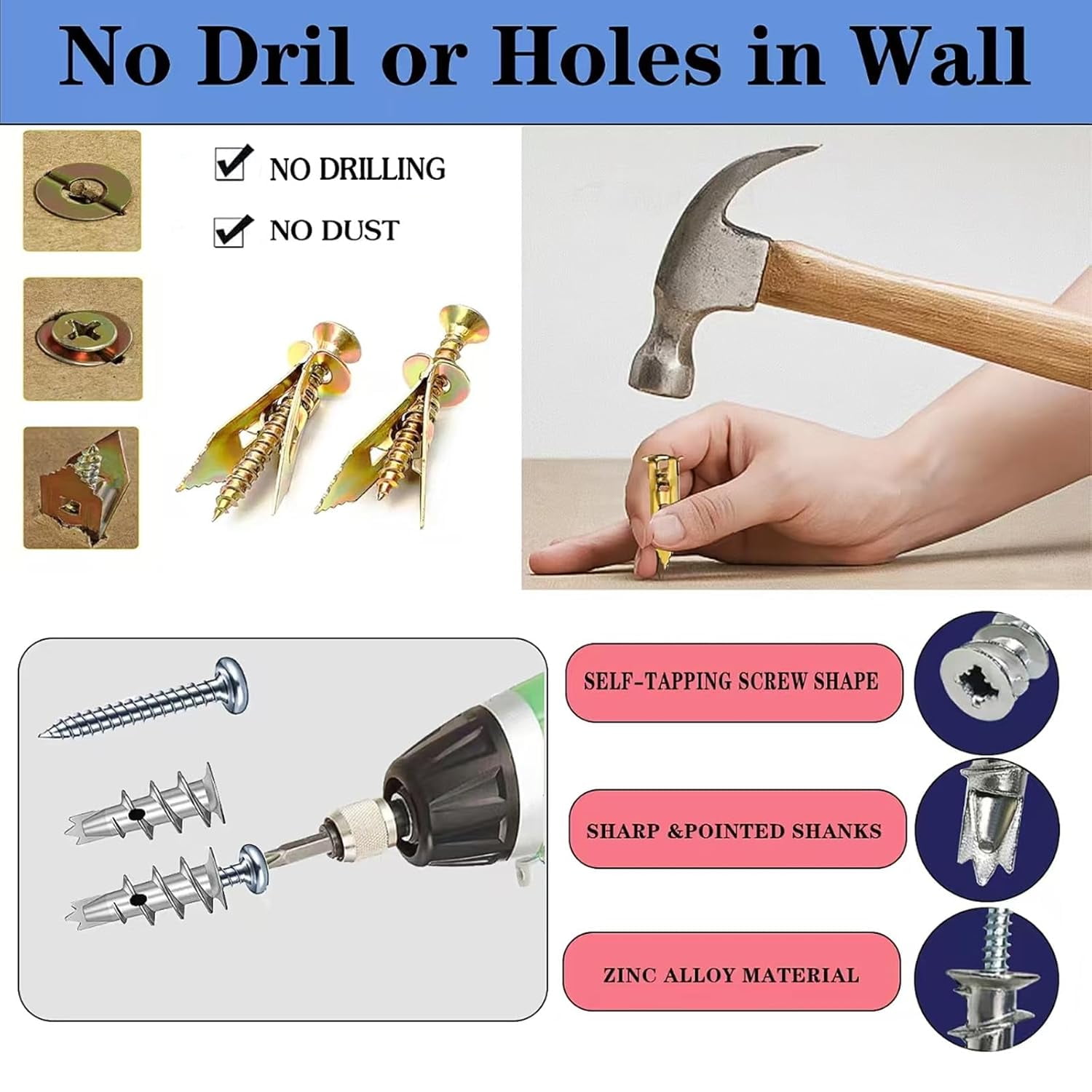 380pcs Self Drilling Drywall Anchors with Screws, 5 Different Sizes Zinc Plated Steel Self-Drilling Anchors Set, Easy Application No Drill or Holes in Wall