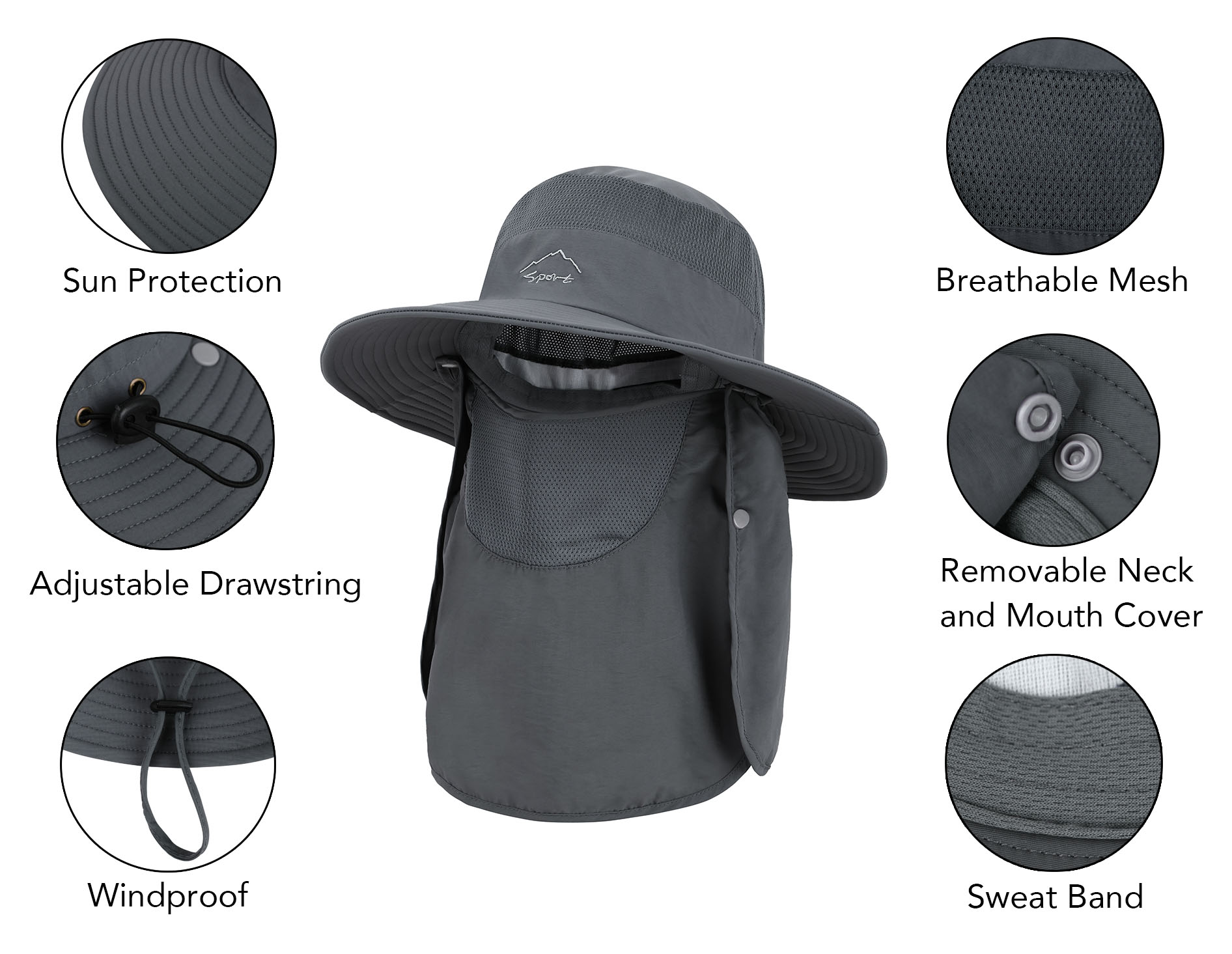 Women Men Sun Hat Fishing Hat UPF 50+ Foldable Wide Brim Safari Hat Hiking Hat, Dark Grey - image 5 of 6