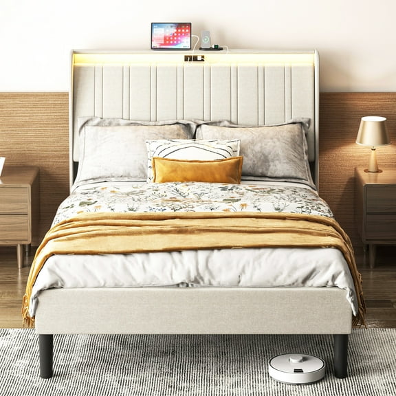 PORKISS Twin Bed Frame with LED Light & Charge Station, Modern Twin Size Upholstered Platform Bed Frame with Headboard, No Box Spring Needed, Noise-Free, Beige