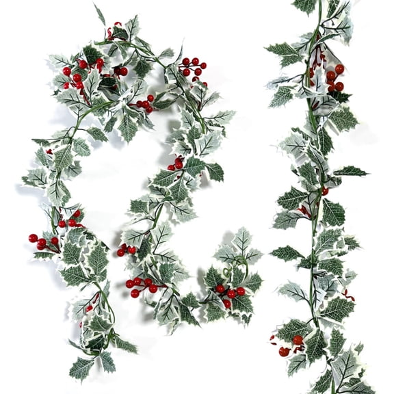 2Pcs Christmas Artificial Garlands, 13.1Ft Xmas Berry Holly Leaves Garland Faux Greenery Garlands Winter Snowy Red Berries Hanging Vine for Wedding Party Fireplace Home Decoration