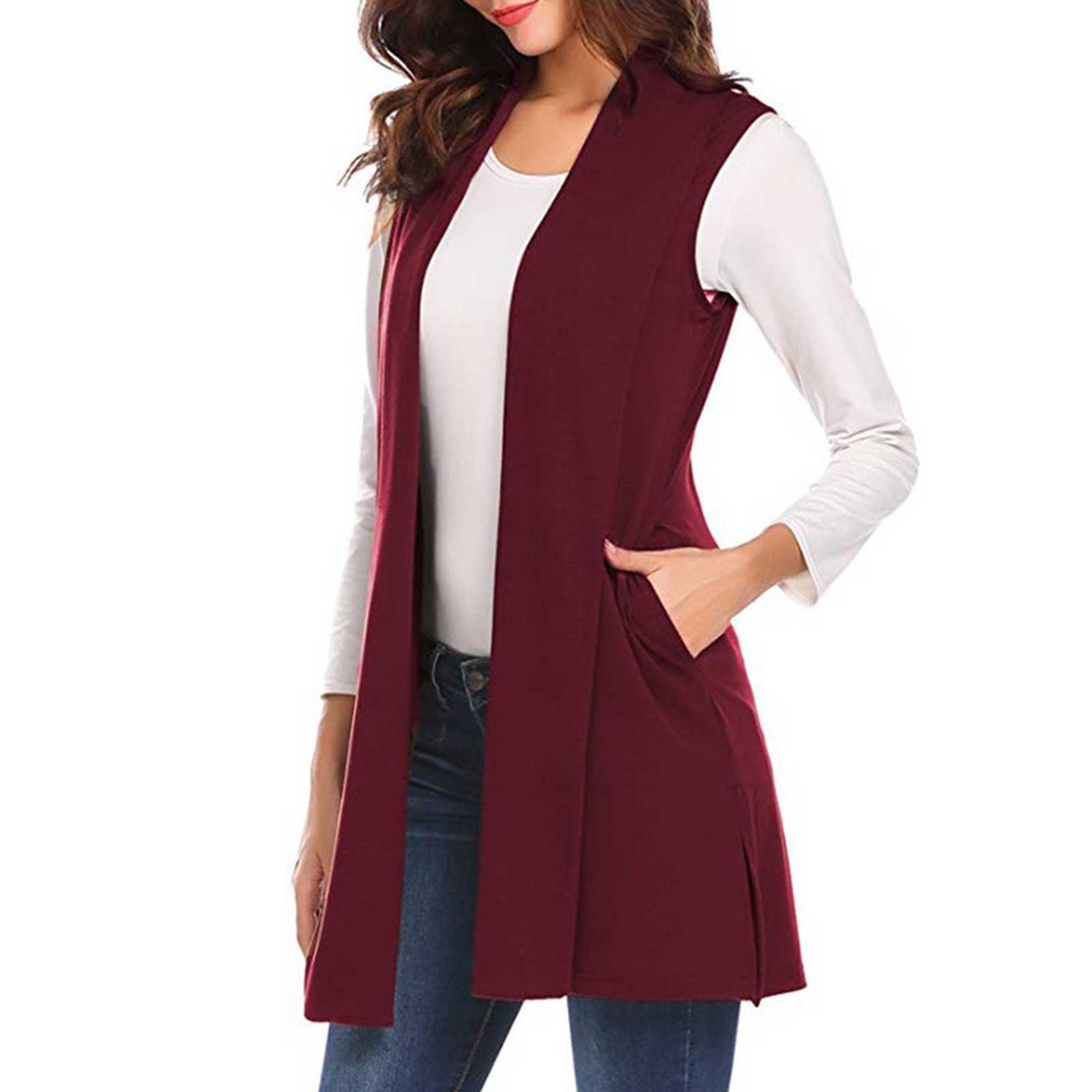 Popana Women's Sleeveless Long Duster Cardigan - Open Front Lightweight Vest, Plus Size, Burgundy - View #8