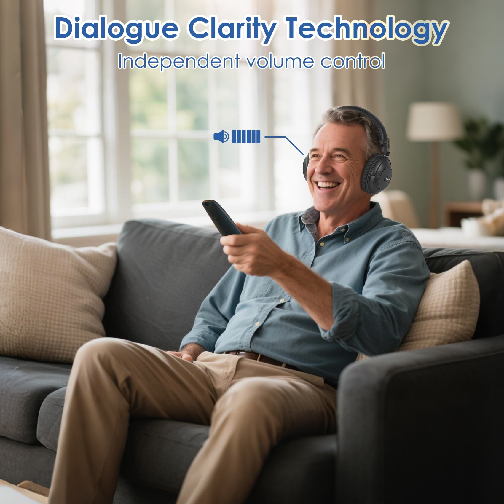 SIMOLIO Wireless TV Headphones for Seniors w/ Transmitter, Wireless Headphones for TV with Clear Dialogue, 164FT/50M, SM-737D1