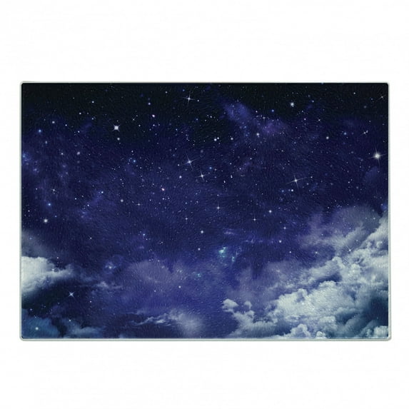 Space Cutting Board, Dreamy Night Stars Clouds Comets Ethereal Evening Surreal Calm Scene Picture, Decorative Tempered Glass Cutting and Serving Board, Small Size, Purple White, by Ambesonne