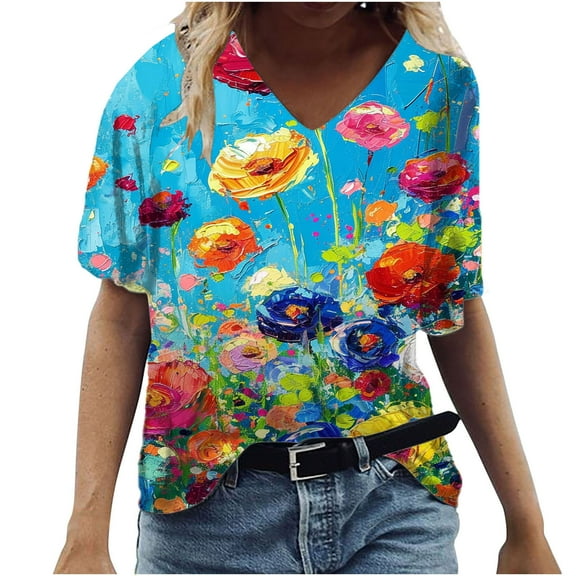 Womens Tops Short Sleeve Womens Summer V Neck T Shirts Printed Loose Casual Tshirts