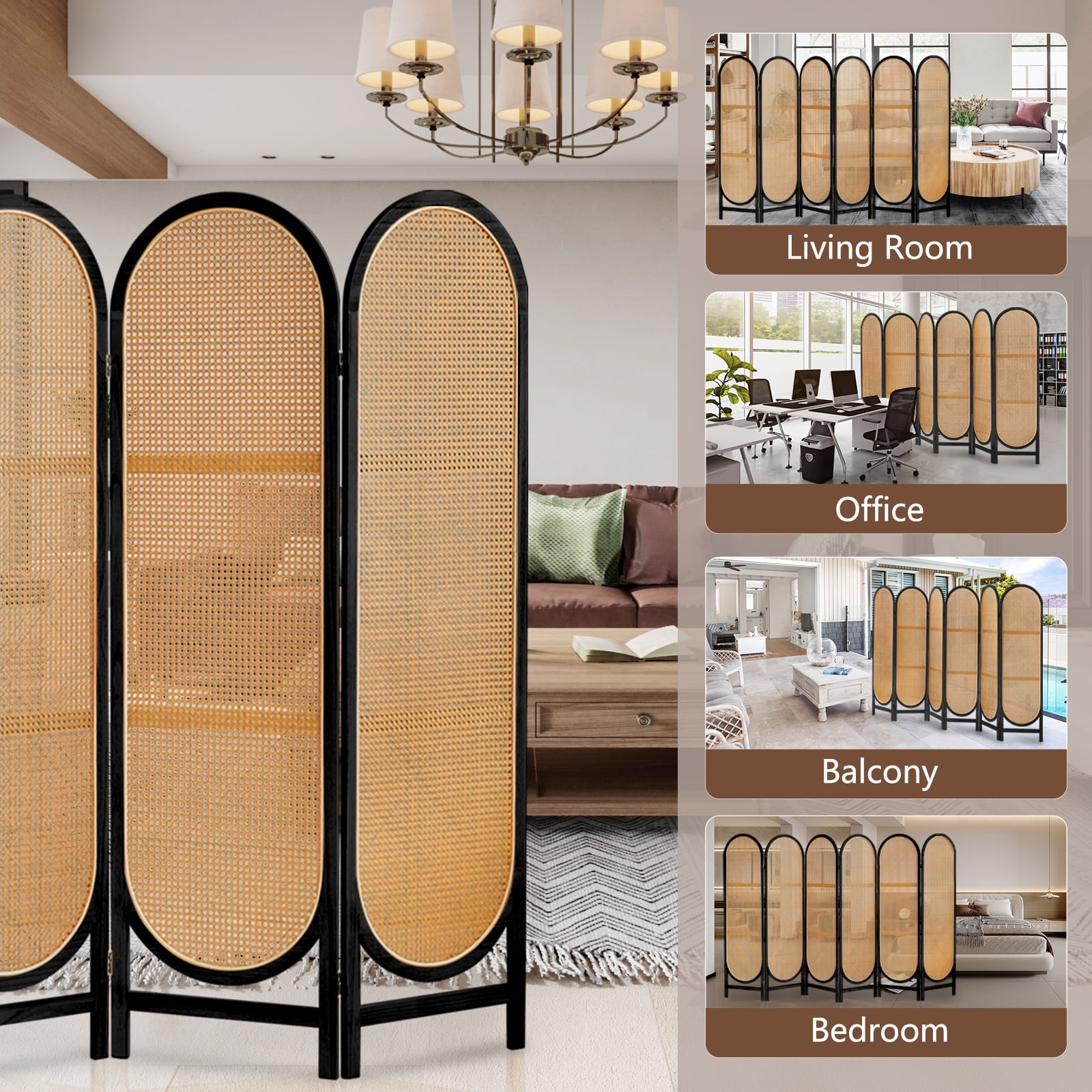 ALeesing 6 Panels Wood Rattan Room Divider, Folding Privacy Screens, No Installation, Light Brown