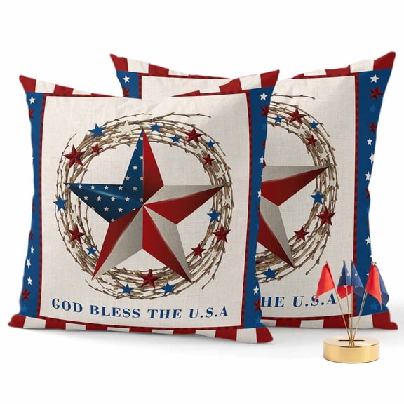 2 Pack Outdoor Waterproof Throw Pillow Covers,Independence Day Texas Flag Star Red Plaid Decorative Patio Pillowcases for Chair Couch Sofa 16x16in