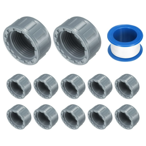 12Pack 1 Inch PT Female Thread Pipe Fitting Cap, Cleanout Water Drain End Caps, Pipe Plug Socket Fittings with Tape for Water Heater Supply Lines, Plumbing, Gray