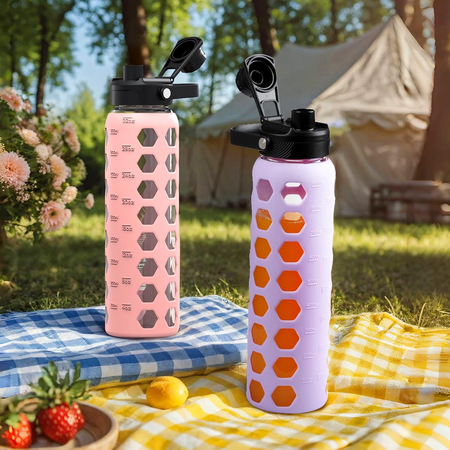 MUKOKO 32oz Glass Water Bottle, Glass Reusable Bottle with Silicone Sleeve and Straw, 1 Cup 2 Lids, Pink