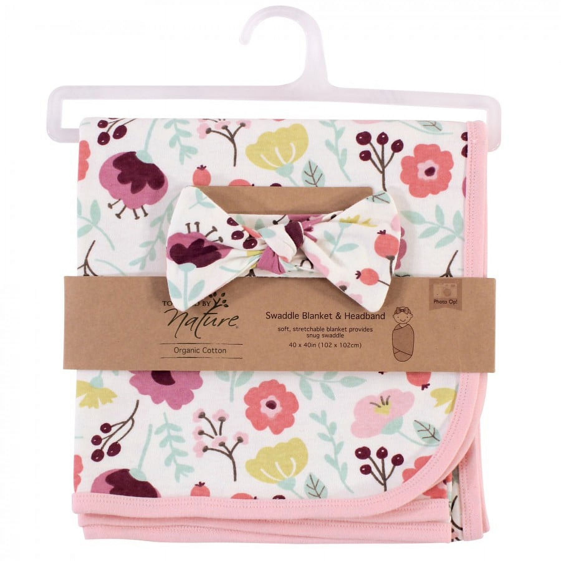 Touched by Nature Baby Girl Organic Cotton Swaddle Blanket and Headband or Cap, Botanical, One Size