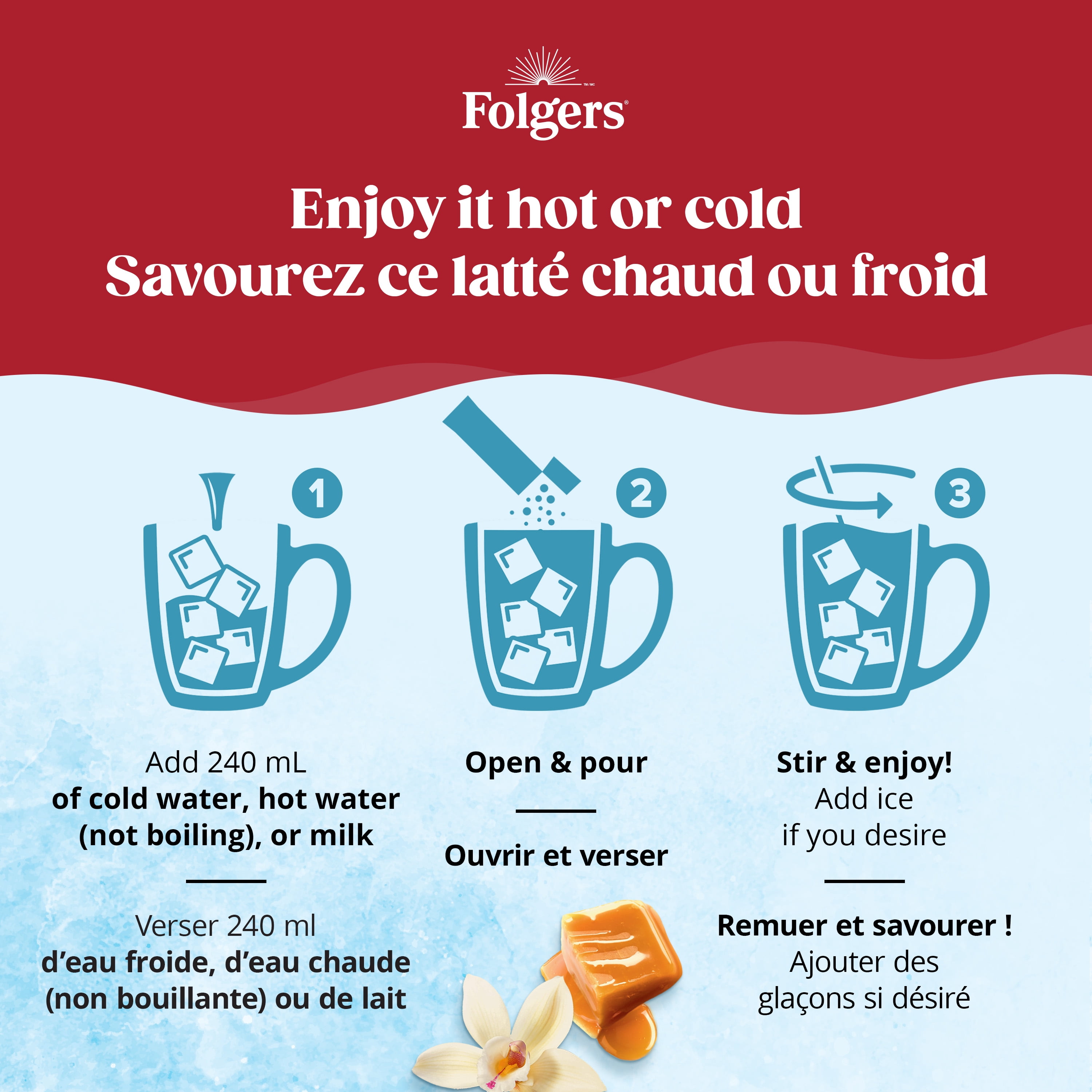 Mélange pour latté instantané chaud ou glacé à la vanille française de Folgers, 4 sachets (120 g) 7 x 2g Sachets (Totale 14g)