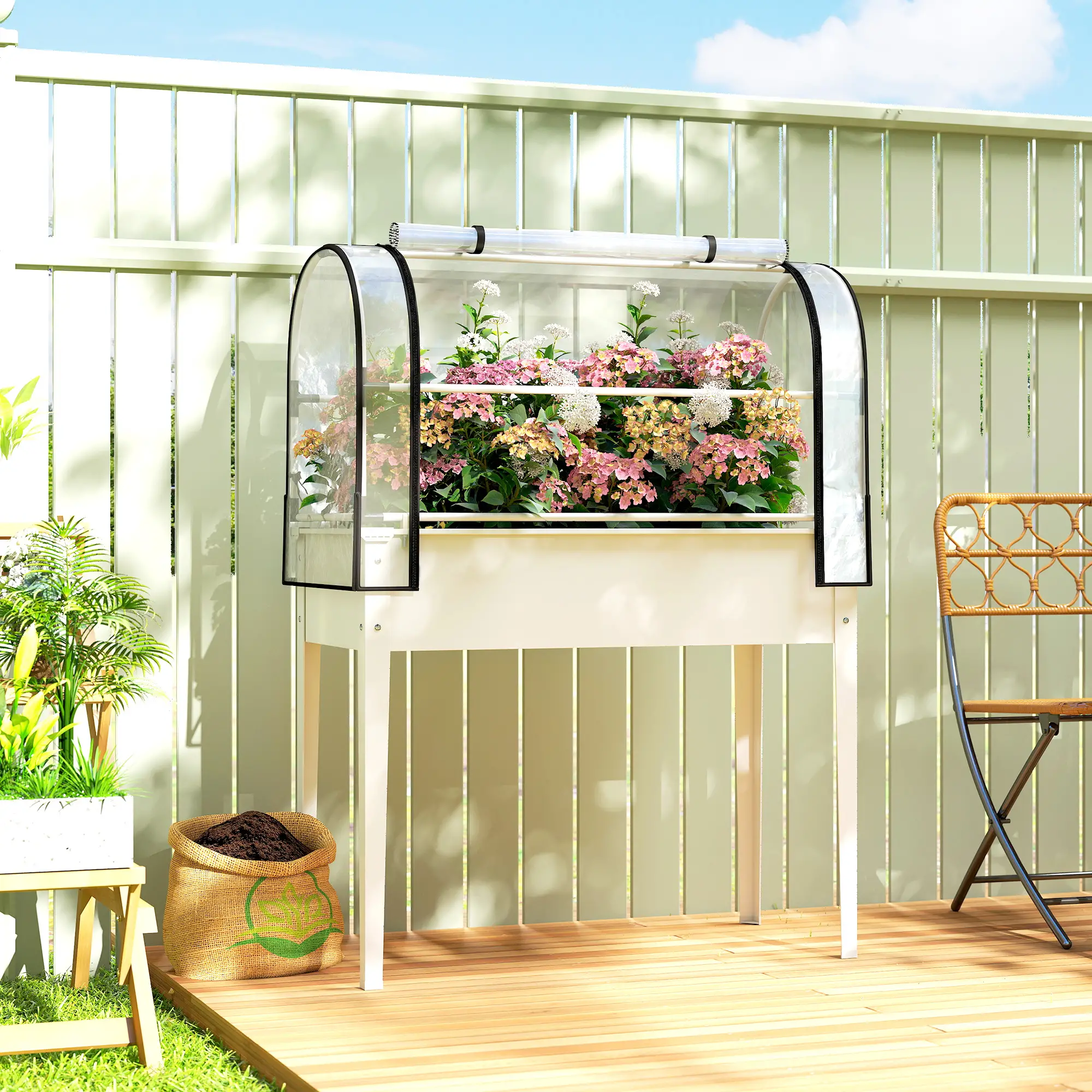 2-in-1 Raised Garden Bed with Mini Greenhouse Cover, Elevated Planter Box with Flip-Up Zippered Door, 0.6mm Rustproof Metal, Drainage Hole, 176 Lbs Capacity for Outdoor Plants