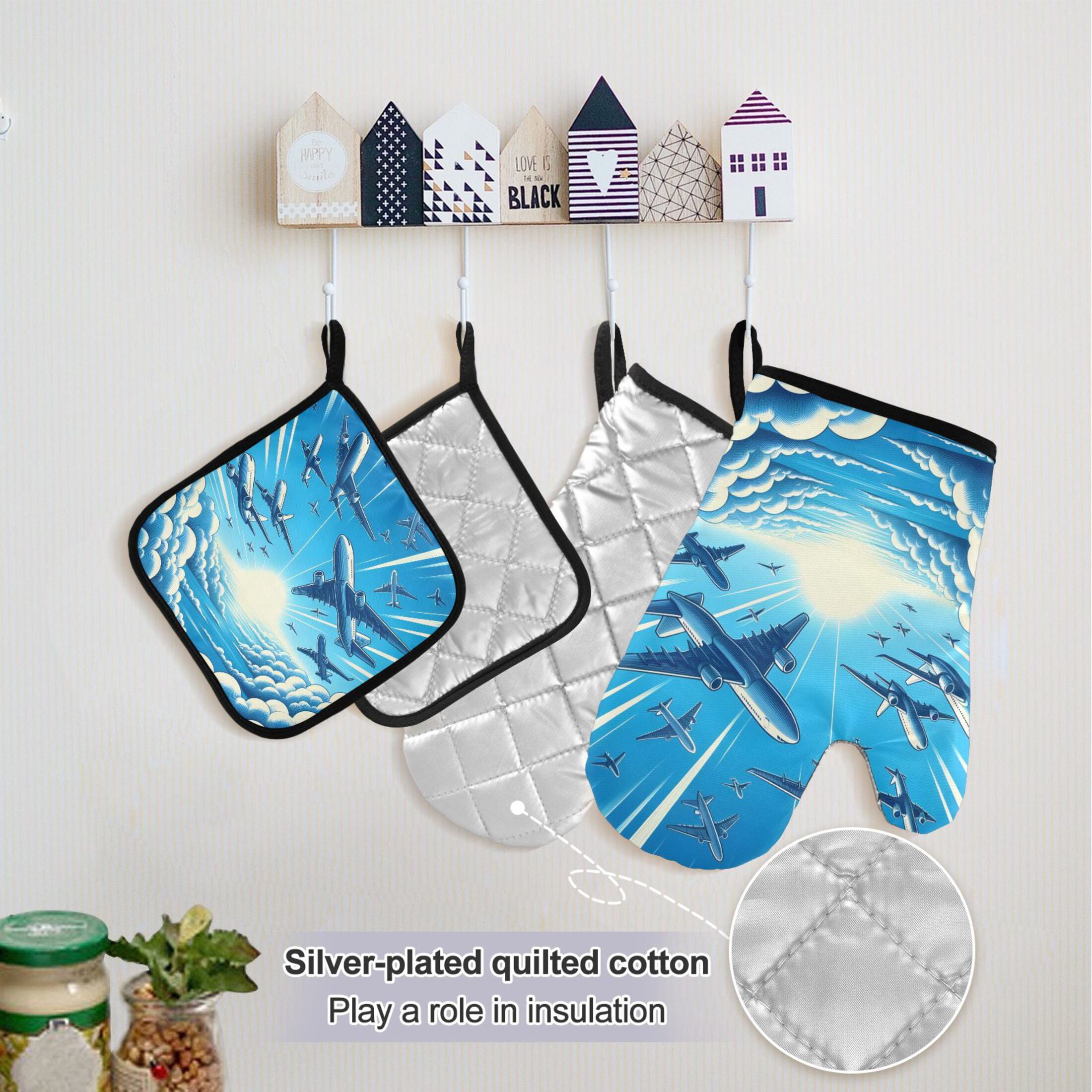 Airplanes Flying in Sky 5 Pcs Kitchen Set Heat Resistant Oven Mitts and Non-Slip Pot Holders with Adjustable Cooking Apron