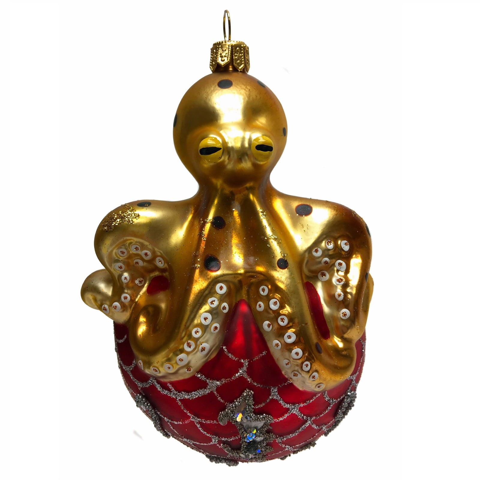 Octopus on Red Ball Polish Glass Christmas Tree Ornament Sea Life