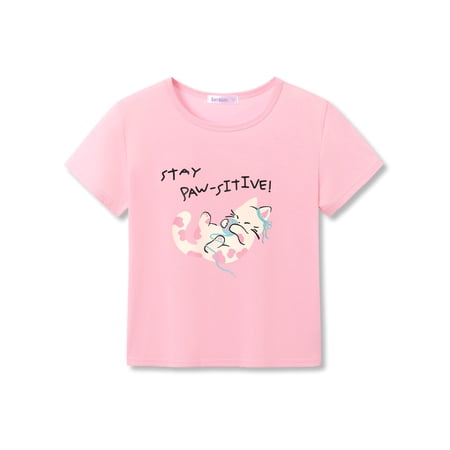 Serdomi Girls Short Sleeve T-shirt Summer Tops for Kids Pink Cute Kitten Cat Crewneck Tee Graphic Outfits Size 12/14